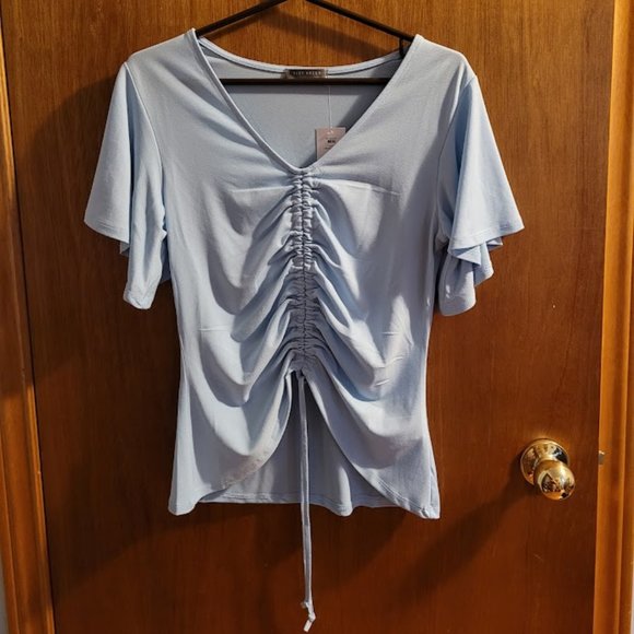 BNWT Suzy Sheir Baby Blue Drawstring Flutter Sleeve Top M - Picture 1 of 6